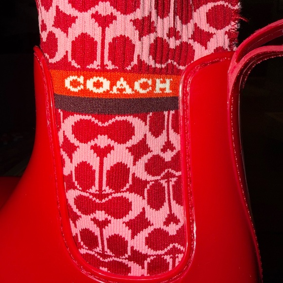 Coach Red Patent Rubber Chelsea Rain Boots with Pink Logo Panel - Picture 6 of 6